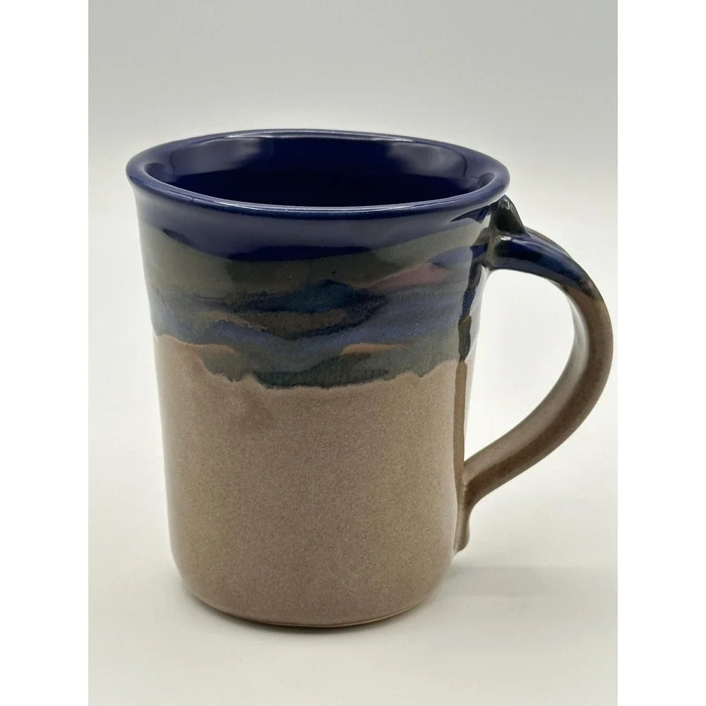 Artist Signed Handmade Studio Pottery Coffee Mug Blue Drip Glaze Stoneware
